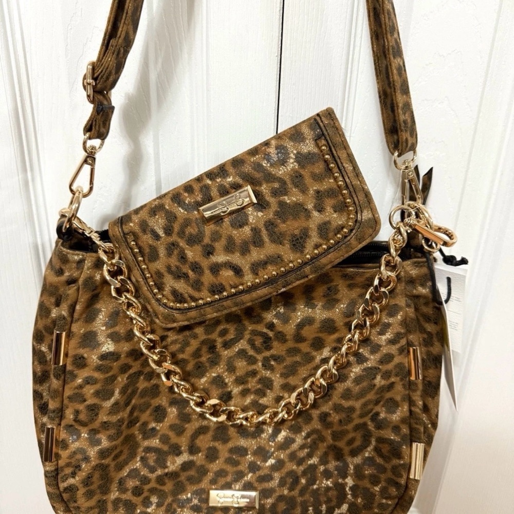 Jessica Simpson Brown Leopard Shoulder Bag with Gold Chain & Wallet NEW